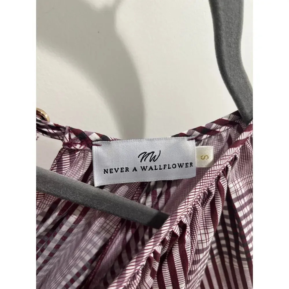 Never A Wallflower Puff Sleeve Burgundy Plaid Midi Dress Sz S - Picture 5 of 11